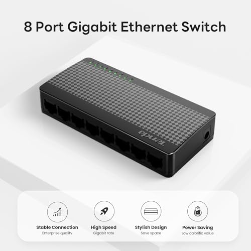 Tenda 8 Port Gigabit Ethernet Switch, Desktop Ethernet Splitter, Unmanaged Network Switch Hub, Plug & Play, Wall-Mount, Fanless Quiet, for Ethernet Cable, Router, PC, NAS (SG108)