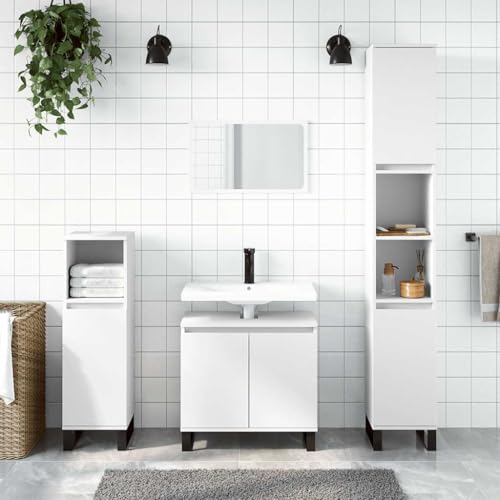 Foknhdi Armario de baño blanco 58 x 33 x 60 cm de material de madera con patas de metal, diseño moderno y robustez para pequeños cuartos de baño invitados WC