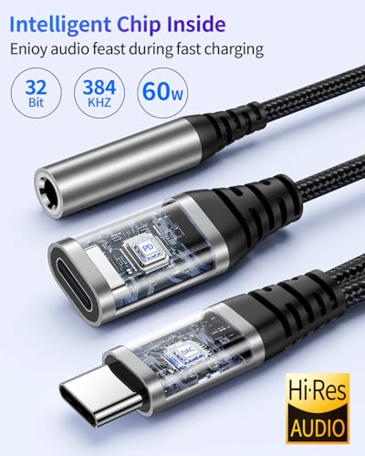 USB C to 3.5mm Jack Headphones and Charger Adapter, 2 in 1 USB C Splitter Aux Adapter with PD 60W Fast Charging Cable, Compatible with iPhone 17/16/15 iPad, for Samsung Galaxy S20+, Pixel 4 and More - Image 2