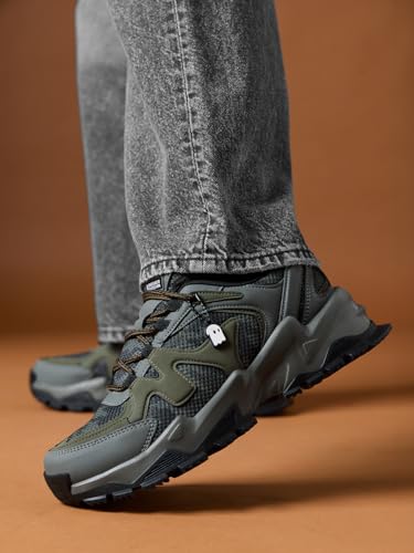 Image of The Souled Store Fumes NX: Sage Men and Boys Low Top Sneakers Green and Off White Streetwear Chunky Trainer Breathable Mesh Cushioned Midsole Durable Sole Lace Up Lightweight Padded Collar