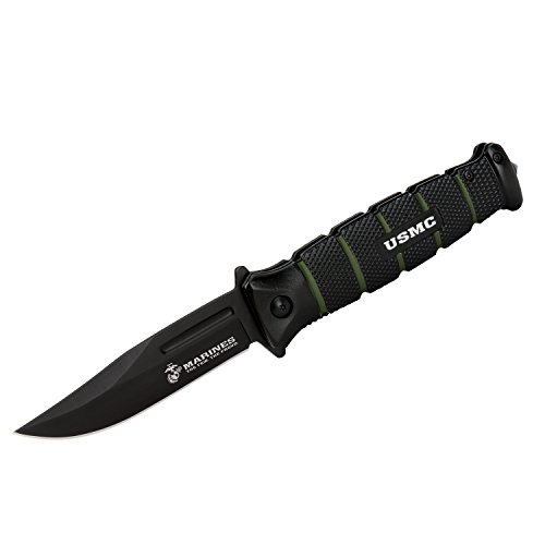 USMC Black and Green Assisted Opening Combat Pocket Knife - Black Stainless Steel Blade, Textured Aluminum Handle, Pocket Clip, Glass Breaker, For Tactical Everyday Carry - Closed Length 4 1/2