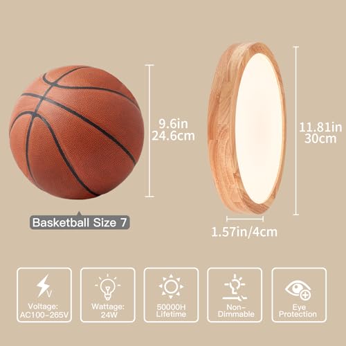 Image of 11.8 Inch Wood LED Flush Mount Ceiling Light 4500K | Modern Style, Acrylic Lampshade, Not Dimmable, Ceiling Light Fixture for Bedroom Kitchen Hallway Living Room