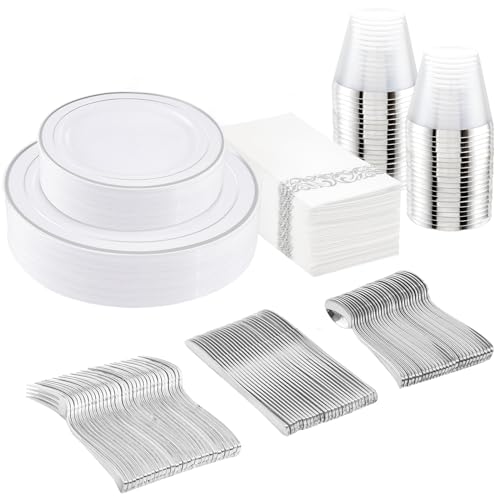 175Pcs Silver Plastic Dinnerware Set, Plastic Plates Disposable for 25 Guests Include:25 Dinner Plates, 25 Dessert Plates, 25 Paper Napkins, 25 Cups, 25 Silver Plastic Silverware Set