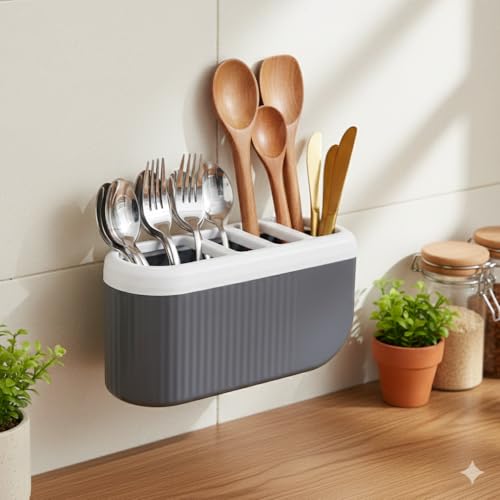 Image of ABS Plastic Multi Section Wall Mounted Self Draining Kitchen Organizer - Spoon,Knife,Fork,Chopstick, Cutlery Holder, Spoon Holder for Kitchen,Dining Table (4 Sections)