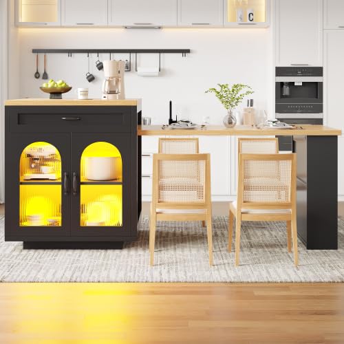 Merax Extendable Kitchen Island with LED Lighting, Modern Bar Table & Kitchen Cabinet with 2 Drawers, Adjustable Shelves & Fluted Glass Doors, for Dining Room & Kitchen โ image 1