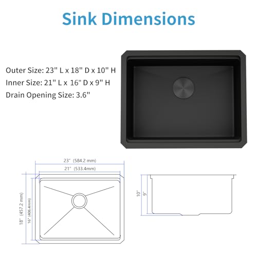 Image of LQS 23 Inch Black Undermount Kitchen Sink, Black Kitchen Sink 23 inch x 18 inch, 10 inch Deep Single Bowl Sinks, 16 Gauage Stainless Steel Material, Workstation Ledge With Abundant Accessories