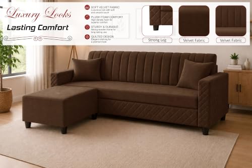 Image of 3 Seater Velvet Sofa with Ottoman | Modern Upholstered Couch | Quilted Design | Soft Comfortable Seating | Sturdy Wooden Frame | Living Room, Office - Brown