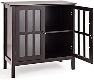 CASART Storage Cabinet, Floor Standing Cupboard with Double Glass Door, Wooden Nordic Sideboard Display Buffet Cabinet for Bathroom, Dining Room and Entryway (Brown)