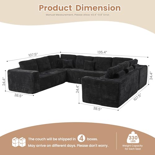 Image of HOOOWOOO Cloud Sectional Couches for Living Room,Modular Sectional Sofa No Assembly,136X110 Inch Plush Corduroy Large U Shaped Floor Couch Set with Deep Seat(Black)