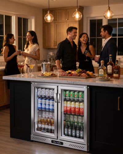 Image of BODEGA 35 inch W Back Bar Cooler Stainless Steel Counter Height Beverage Fridge, 7.4 Cu.Ft Commercial Beer Fridge, 2 Glass Door Display Drink Cooler with LED Light for Bar Pub Night Club
