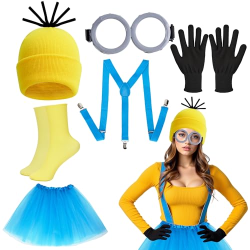 Kuleyang Yellow Cartoon Costume Accessory Set for Adults 6 Piece Fancy Dress Kit with Beanie Hat Goggles Gloves Suspenders Tutu Skirt & Socks for Halloween World Book Day & Party Cosplay