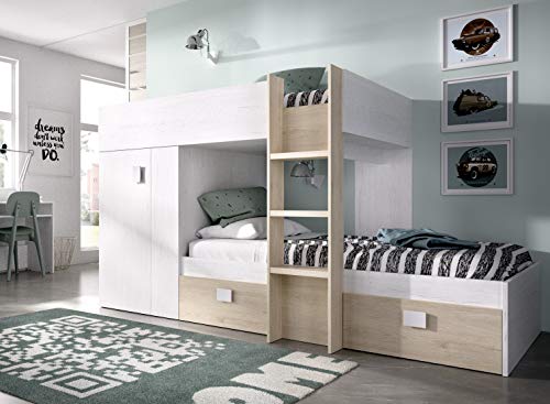 DEKIT GRUPO RIMOBEL - Litera Cama Tren con Armario y 2 cajones, color Artic Natural, 150x271x11 cm, GROE