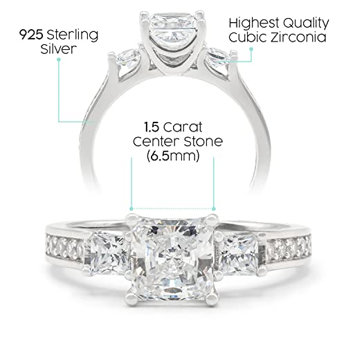 Size 7 - Solid 925 Sterling Silver Cz Cubic Zirconia 3 Three Stone Engagement Ring - Princess Cut Solitaire With Round Side Stones (1.75Cttw., 1.5Ct. Center) - With Elegant Ring Box - Gifts For Women #TOP3