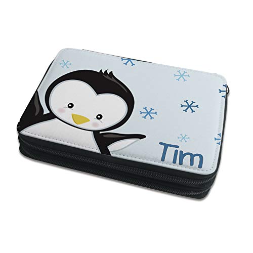 CreaDesign Kinder Federmäppchen mit (Wunsch) Namen, einzigartige Federtasche durch Personalisierung, Schulmäppchen - Motiv Pinguin