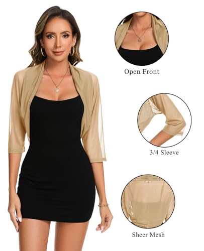 Image of MINTLIMIT Women's Elegant Sheer Mesh Shrug Bolero Batwing 3 /4 Sleeve Open Front Cropped Cardigan Shrugs for Evening Dress