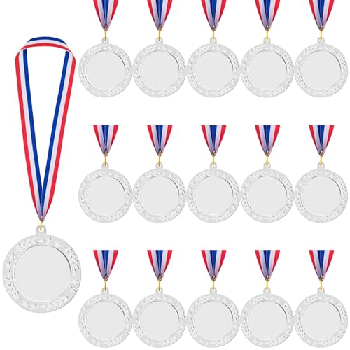 Waltool 15Pcs 2nd Blank Award Medals with Neck Ribbons, Silver Winner Participation Your Own Medals Kit for Competitions Soccer Football Sports Meetings Party