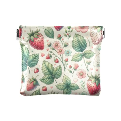 Strawberrys and Leafs Coin Purse Leather Pouch Change Purse, Squeeze Coin Pouch for Cards, Keys & Lipsticks, Unisex