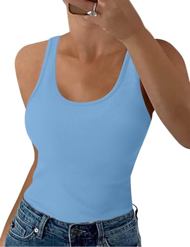 Image of Aottori Tank Tops Women Summer Ribbed Vest Top Ladies Sleeveless Cotton Slim Fitted Stretch Basic Cami Camisole Light Blue S