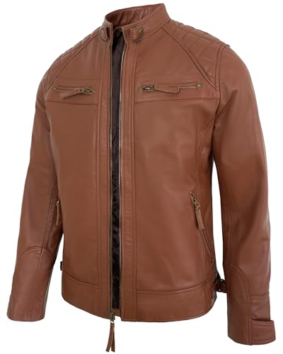 Image of Leather Jacket Men - Real Lambskin Motorcycle Jacket with Snap Tab Collar, Adjustable Waist & Zippered Pockets