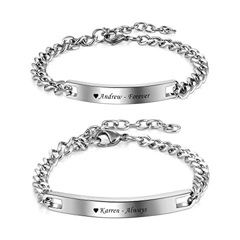 ZUYUSO 2pcs Couple Bracelets Custom His and Her Bracelet Free Engraving ID Name Date Matching Couples Bracelets for Women Men Lover Jewelry Gift Cover