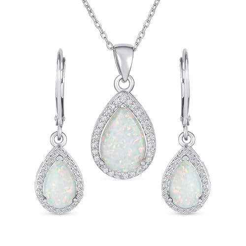 Conjunto de ópalo blanco y plata con pendientes y colgante lágrima para novia