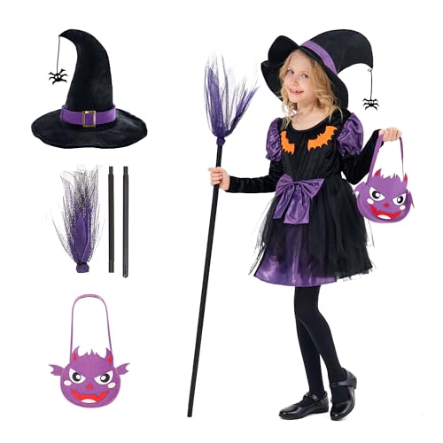 Funnlot Girls Witch Dress Halloween Kids Costume Cute Fairytale Witch Costume Deluxe Set with Witch Hat Witch Broom Candy Bag for Cosplay Purple (L)