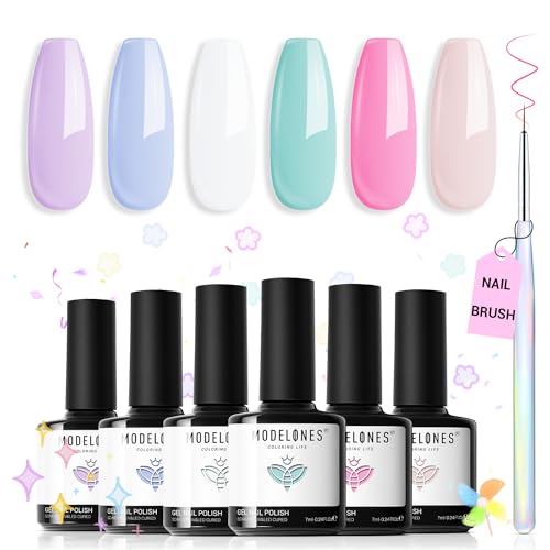 Image of modelones Gel Nail Polish Set, 6 Colors 2026 Spring Summer Pastel Gel Polish Set with Nail Art Liner Brush Soft Pink White Light Purple Blue Green Nude Painting Nail Polish Kit Mothersday DIY Gift