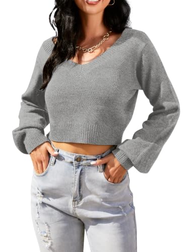 Image of ZAFUL Women's Cropped Sweater V-Neck Long Sleeve Pullover Jumper Knit Top | Crop Length, Ribbed Knit, Double V design, White sweater, Raglan sleeves, lantern sleeve, Fall & Winter, Loose fit, Oversized