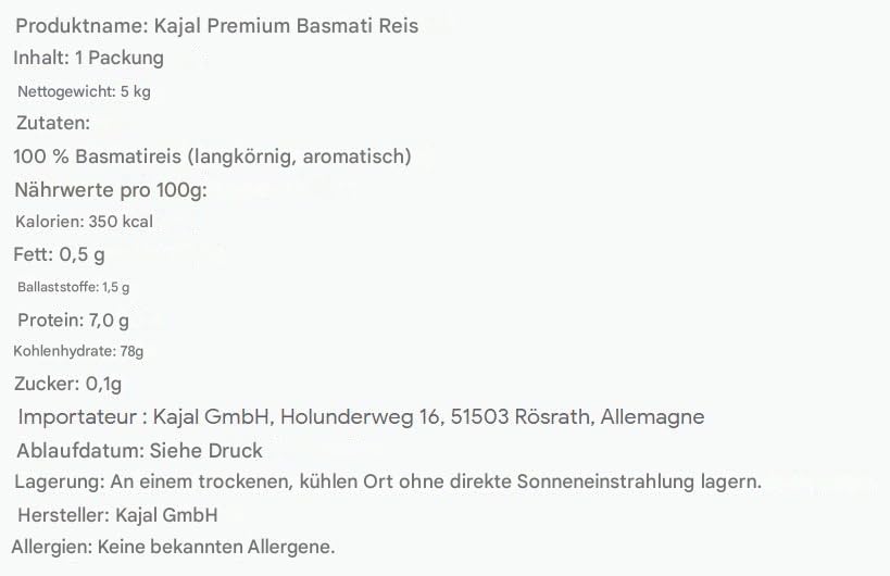 Kajal Premium Basmati Reis 1 x 5kg – Langkörniger Spitzenreis, aromatisch und locker, ideal für traditionelle Gerichte, hochwertige Qualität