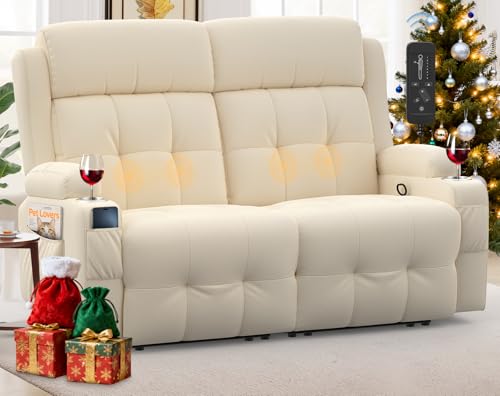 VAFEAFO Loveseat Recliner, Oversized Massage Reclining Sofa Heavy Weight Capacity, RV Love Seat Chair Clearance with Storage, Cup Holders, Wall Hugger Couches for Living Room, Beige Visit The Store