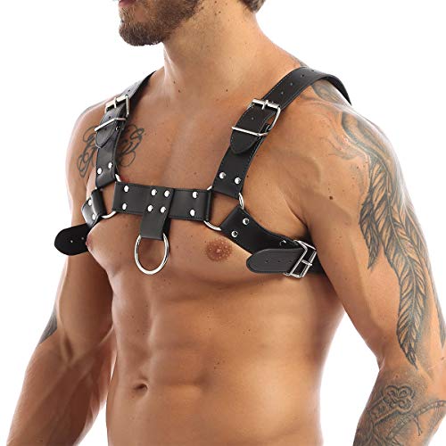 AGJGFM Men's Shiny Leather Body Chest Harness Belt Adjustable Buckle Straps Costume2