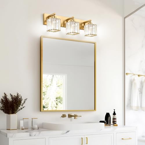 Image of Gold Crystal Bathroom Vanity Light, 3-Light Modern Bathroom Lighting Fixtures Over Mirror,Chrome Wall Sconce Light Fixtures with Square Shade