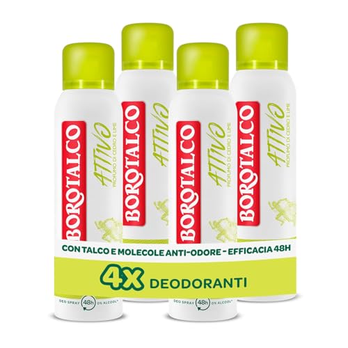Borotalco, Deodorante Spray Attivo Giallo, Talco con Molecole Anti-Odore, Efficacia Fresca, 48h efficacia, Senza Alcool, Profumo di Cedro e Lime - 4 Pezzi da 150 ml - Esclusiva Amazon