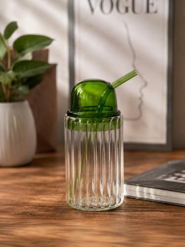 Image of Premium Ribbed Glass Tumbler with Glass Lid & Straw | Borosilicate Drinking Glass for Iced Coffee, Juice, Smoothies & Cold Beverages | Lightweight Aesthetic Glass Cup (Green Tumbler)
