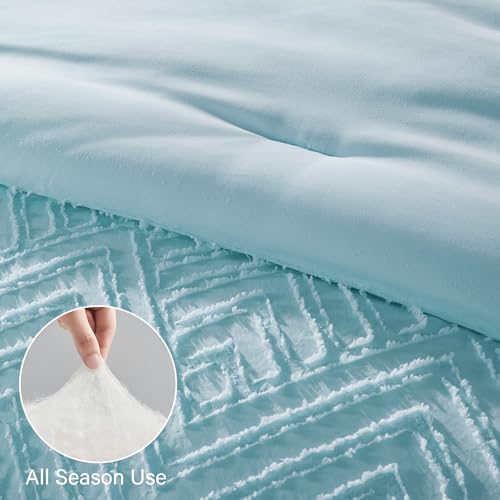 Image of Zzlpp Full Comforter Set 7 Pieces, Light Blue Tufted Bed in a Bag with Comforter and Sheets, All Season Boho Bedding Sets with Comforter, 2 Pillow Shams, 2 Pillowcases, 1 Flat Sheet, 1 Fitted Sheet