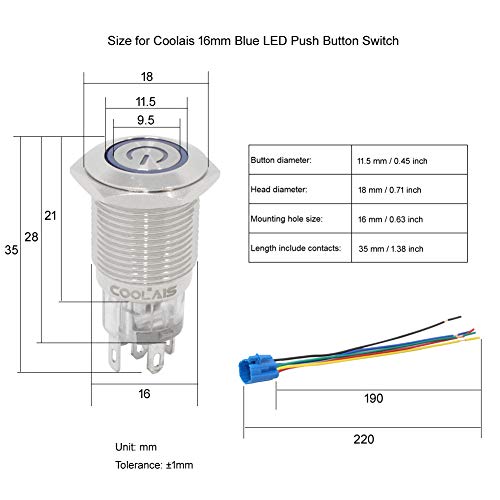Coolais 16Mm Push Button Switches Momentary Push Button Blue Led Light Waterproof Switch Ip67 With Socket Plug Wire 5A 12V 2 Sets/Pack Pbslm-02 (Momentary) #TOP2