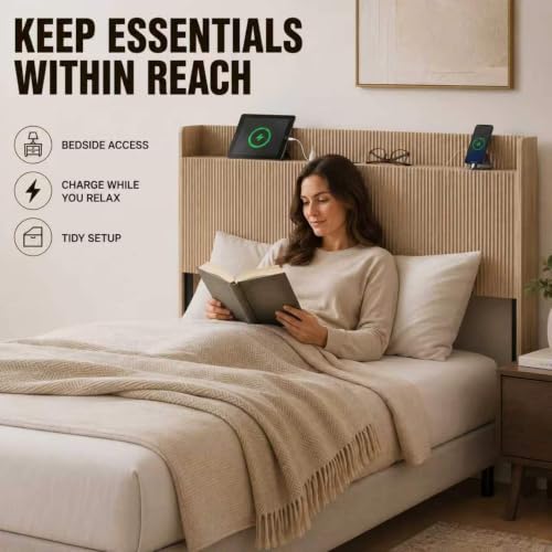 Image of Queen Size Headboard with Storage Shelf, Charging Station