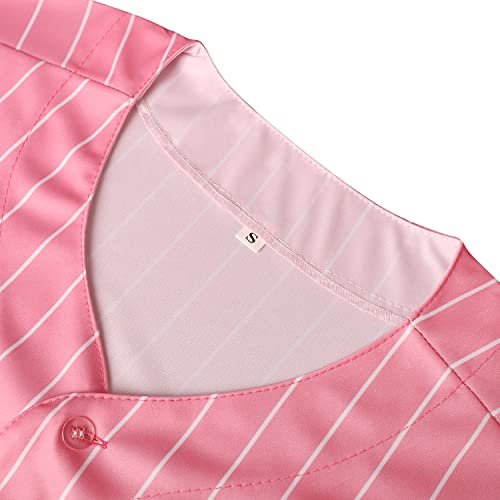 Blank Plain Hip Hop Hipster Baseball Jersey Button Down Shirts Sports Uniforms Men Women Jersey (Pink-Stripe, Large) #TOP4