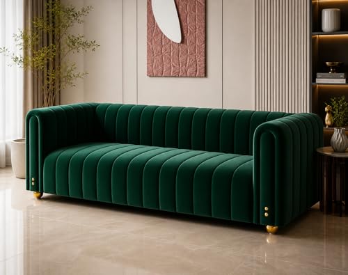Modern 3 Seater Green Fabric Sofa for Living Room, Soft Cushioned...