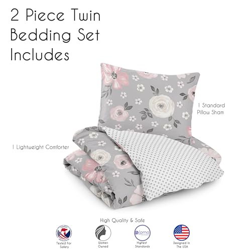 Image of Sweet Jojo Designs 2-Piece Twin Comforter Set (Grey Watercolor Floral) for Girls, Teen Kids Bedding, Bed in a Bag incl. Blanket & Pillow Sham (Shabby Chic, Rose Flower, Farmhouse, Bohemian, Polka Dot)