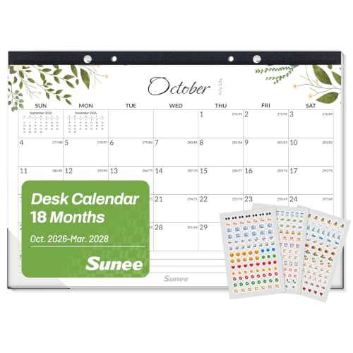 Image of SUNEE Desk Calendar 2027 - 17 inch x 12 inch Desk Pad Calendar, 18-Month Monthly Planner Oct. 2026 - Mar. 2028, Desktop Calendar with 308 Planner Stickers, Plastic Protective Corners for Office, School and Home, Greenery