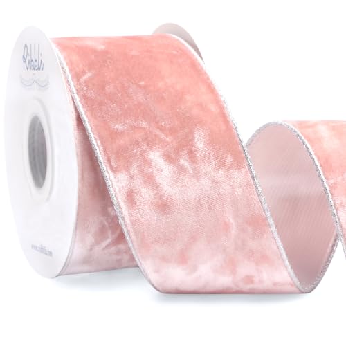 Image of Ribbl Light Pink Velvet Wired Ribbon 2.5 Inch Metallic Dusty Pink Crushed Velvet Christmas Ribbon for Gift Wrapping Christmas Tree Decoration Crafts Wreaths Supplies-Continuous 10 Yards