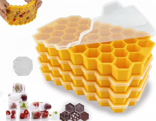 Image of AIG Silicone Ice Cube Trays with Lids - 4 Pack Easy-Release Hexagon Ice Maker for Freezer, Reusable Food-Grade Ice Molds for Cocktail Bar, Whiskey, Iced Coffee & Home Kitchen (Yellow)