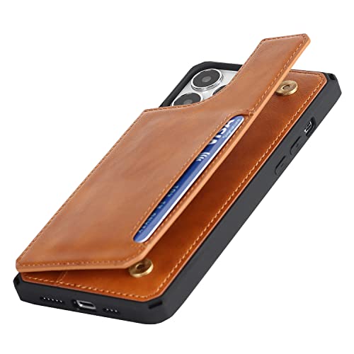Image of Cavor for iPhone 14 Pro Case with Card Holder,for iPhone 14 Pro Wallet Case for Women Men,Phone Case for iPhone 14 pro with Stand Credit Card Holder, Leather Strap Shockproof Cover-Light Brown