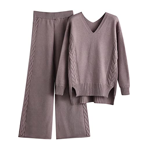 MJGkhiy Chándal de mujer elegante de invierno, suéteres jerséis con top y pantalón de pierna ancha, para casa, cálidos, suaves, conjuntos de ceremonia, 2 piezas, conjuntos cómodos y cómodos, Violetta