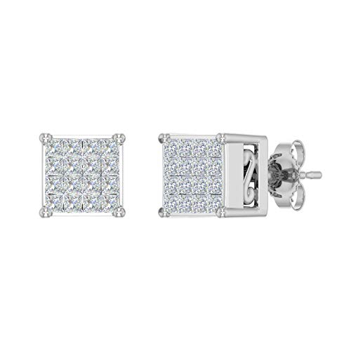 10K White Gold Princess Cut Diamond Square Cluster Stud Earrings (3/4 Carat) #TOP26