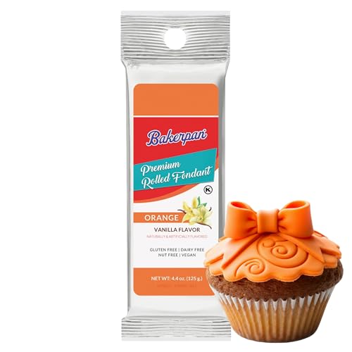 Bakerpan Premium Rolled Orange Fondant for Cake Decorating, Vanilla Flavor - 4.4 Ounces (Made in USA)