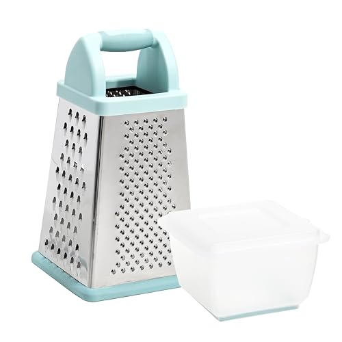 Tasty Box Grater with Storage Container & Lid, Multi-Sided Stainless Steel Grater for Fine, Medium, Coarse Shreds & Slicing, Non-Slip Base, Dishwasher Safe, Aqua