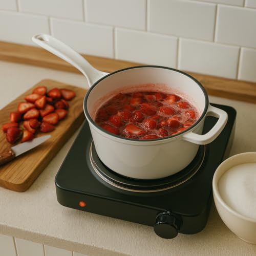 Hamilton Beach Enameled Cast Iron Sauce Pan 2-Quart Gray, Cream Enamel coating, Pot For Stove top and Oven Cooking, Even Heat Distribution, Safe Up to 400 Degrees, Durable