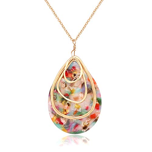 MOLOCH Long Necklace for Women Girls Geometry Teardrop Acrylic Circle Pendant Necklace Statement Boho Acetate Resin Necklace Minimalist Gift (B:Floral)